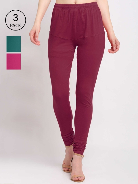 

KLOTTHE Women Pack Of 3 Solid Cotton Churidar-Length Leggings, Maroon