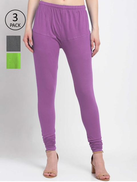 

KLOTTHE Women Pack Of 3 Cotton Churidar-Length Leggings, Purple