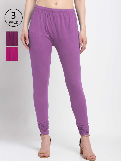 

KLOTTHE Women Pack Of 3 Solid Cotton Churidar-Length Leggings, Purple