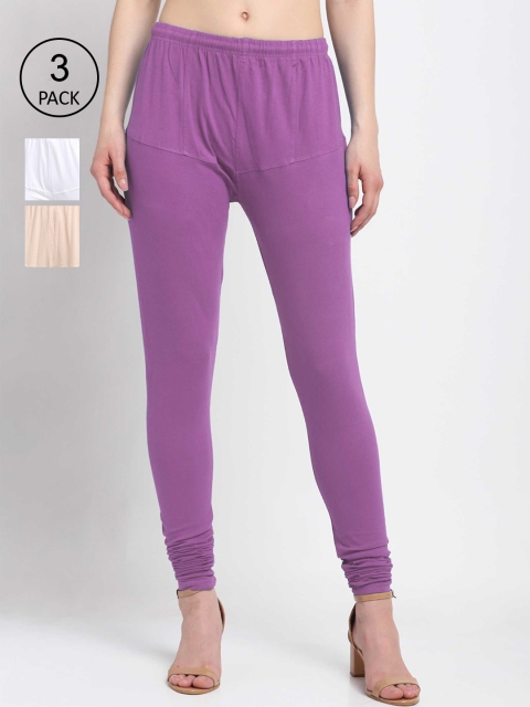 

KLOTTHE Women Pack Of 3 Cotton Churidar-Length Leggings, Purple