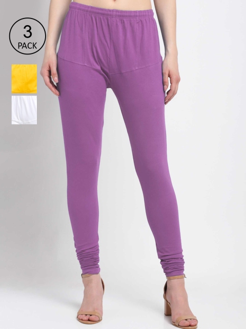 

KLOTTHE Women Pack Of 3 Solid Cotton Churidar-Length Leggings, Purple