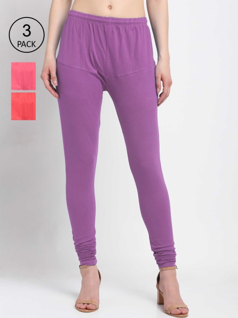 

KLOTTHE Women Pack Of 3 Solid Cotton Churidar-Length Leggings, Purple