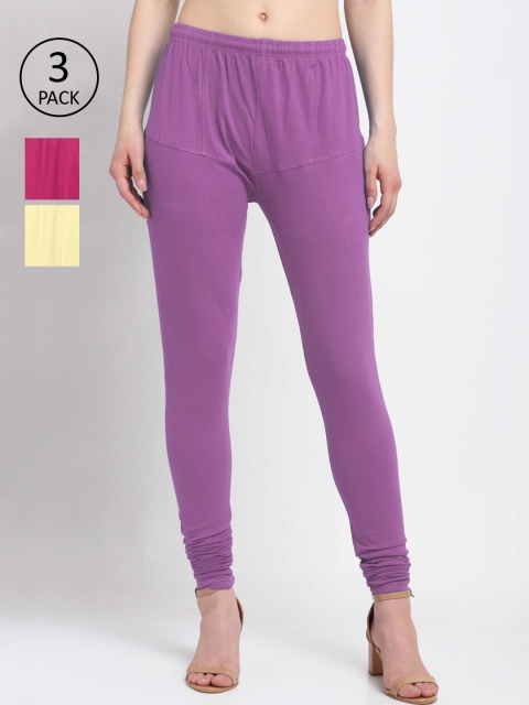 

KLOTTHE Women Pack Of 3 Cotton Churidar-Length Leggings, Purple