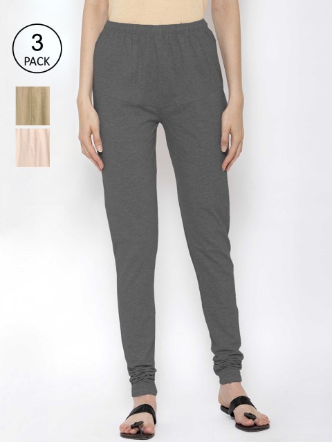

KLOTTHE Women Pack Of 3 Solid Cotton Churidar-Length Leggings, Grey