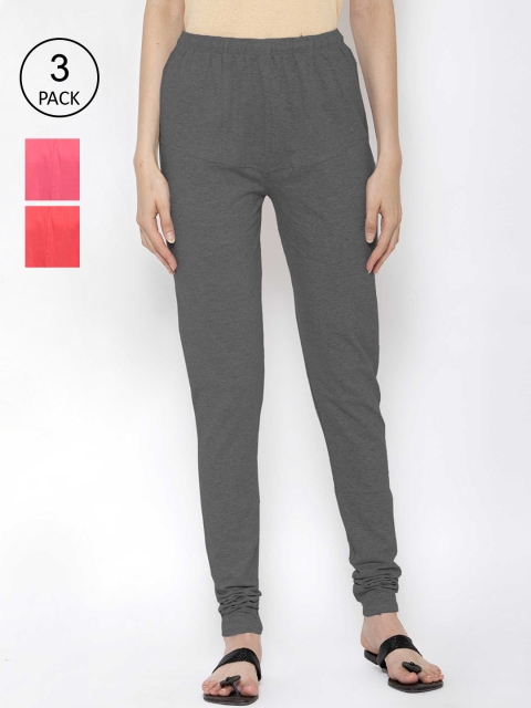 

KLOTTHE Women Pack Of 3 Solid Cotton Churidar-Length Leggings, Grey