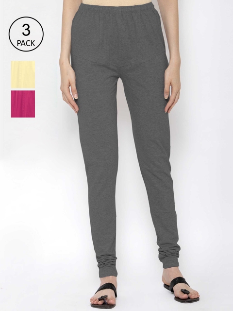 

KLOTTHE Women Pack Of 3 Solid Cotton Churidar-Length Leggings, Grey