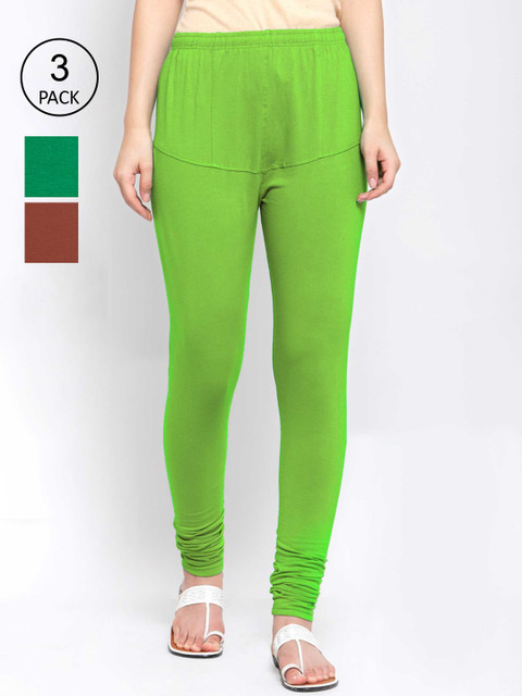 

KLOTTHE Women Pack Of 3 Solid Cotton Churidar-Length Leggings, Green