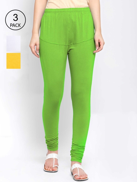 

KLOTTHE Women Pack Of 3 Solid Cotton Churidar-Length Leggings, Green