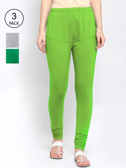 

KLOTTHE Women Pack Of 3 Multicoloured Solid Cotton Churidar-Length Leggings, Green