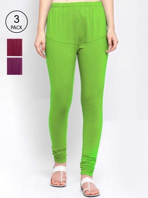 

KLOTTHE Women Pack Of 3 Solid Cotton Churidar-Length Leggings, Green