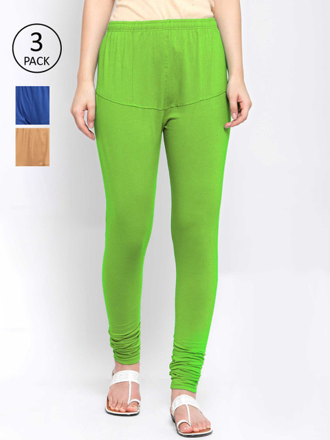 

KLOTTHE Women Pack Of 3 Solid Cotton Churidar-Length Leggings, Cream