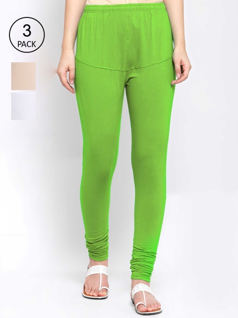 

KLOTTHE Women Pack Of 3 Solid Cotton Churidar-Length Leggings, Green