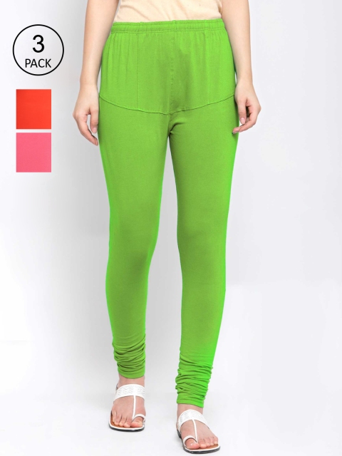 

KLOTTHE Women Pack Of 3 Solid Cotton Churidar-Length Leggings, Green