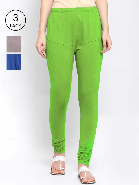 

KLOTTHE Women Pack Of 3 Solid Cotton Churidar-Length Leggings, Green