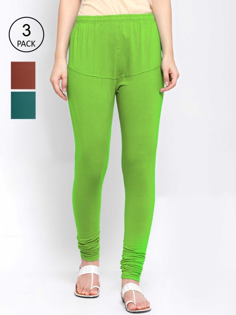 

KLOTTHE Women Pack Of 3 Multicoloured Solid Cotton Churidar-Length Leggings, Green