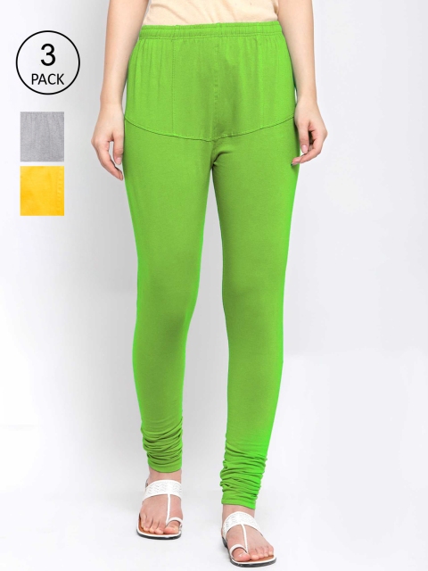 

KLOTTHE Women Pack Of 3 Solid Cotton Churidar-Length Leggings, Yellow