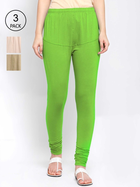 

KLOTTHE Women Pack of 3 Solid Cotton Churidar-Length Leggings, Green