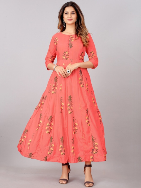 

SHOPGARB Women Peach-Coloured & Green Ethnic Motifs Printed Maxi Dress