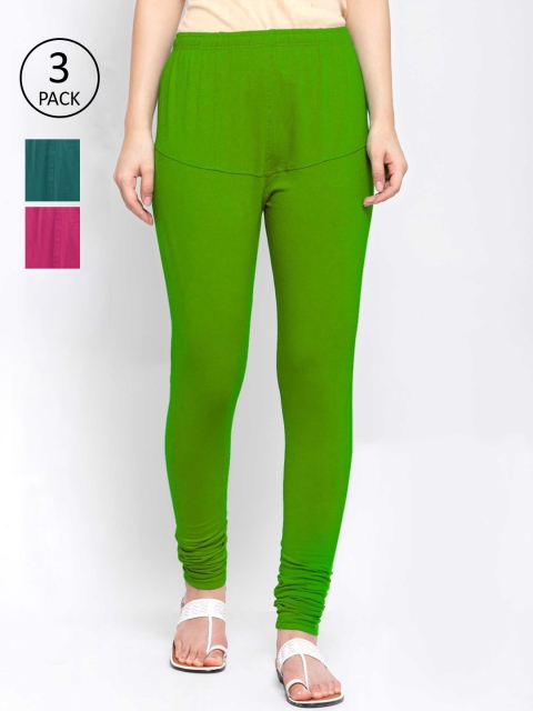 

KLOTTHE Women Pack Of 3 Solid Cotton Churidar-Length Leggings, Green