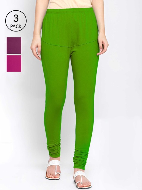 

KLOTTHE Women Pack Of 3 Solid Cotton Churidar-Length Leggings, Green