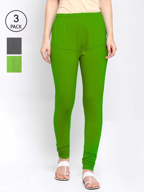 

KLOTTHE Women Pack Of 3 Multicoloured Solid Cotton Churidar-Length Leggings, Green