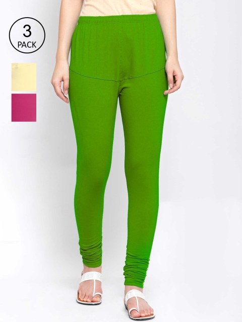 

KLOTTHE Women Pack Of 3 Solid Cotton Churidar-Length Leggings, Green