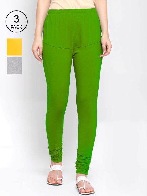 

KLOTTHE Women Pack Of 3 Solid Cotton Churidar-Length Leggings, Green