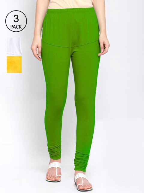 

KLOTTHE Women Pack Of 3 Solid Cotton Churidar-Length Leggings, Yellow