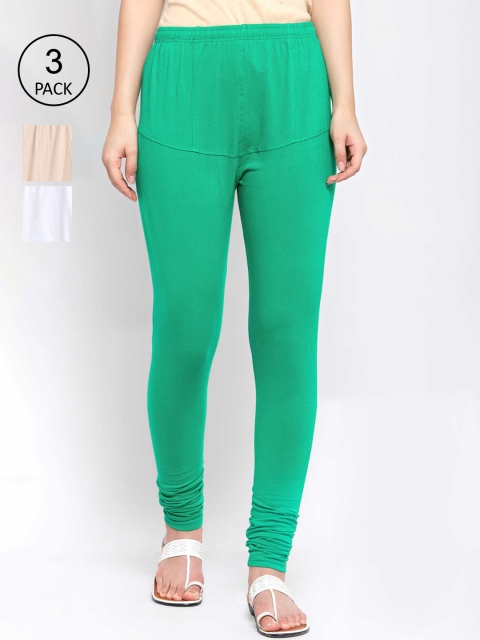 

KLOTTHE Women Pack Of 3 Solid Cotton Churidar-Length Leggings, Green