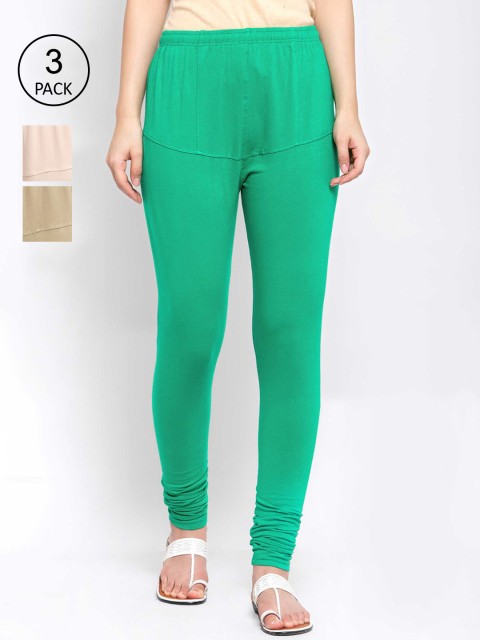 

KLOTTHE Women Pack Of 3 Solid Cotton Churidar-Length Leggings, Green