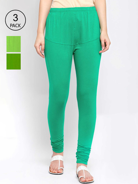 

KLOTTHE Women Pack Of 3 Solid Cotton Churidar-Length Leggings, Green