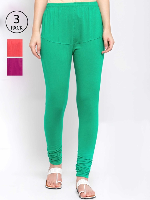 

KLOTTHE Women Pack Of 3 Solid Cotton Churidar-Length Leggings, Green