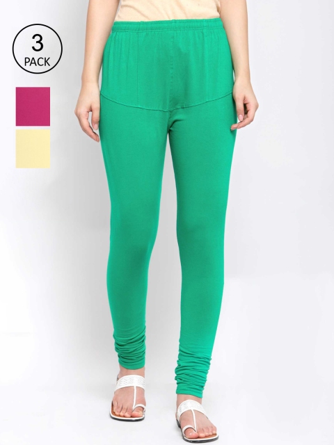 

KLOTTHE Women Green & Pink Pack Of 3 Solid Cotton Churidar-Length Leggings