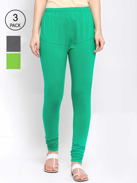 

KLOTTHE Women Pack Of 3 Solid Cotton Churidar-Length Leggings, Green