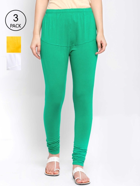 

KLOTTHE Women Pack of 3 Solid Cotton Churidar-Length Leggings, Green