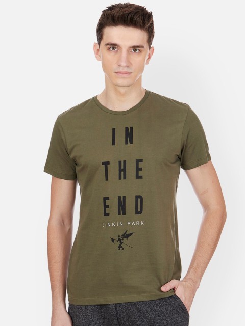 

Free Authority Men Olive Green & Black Pure Cotton Linkin Park Printed T-shirt