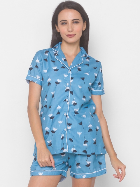 

FashionRack Women Blue & Black Floral Printed Pure Cotton Night suit