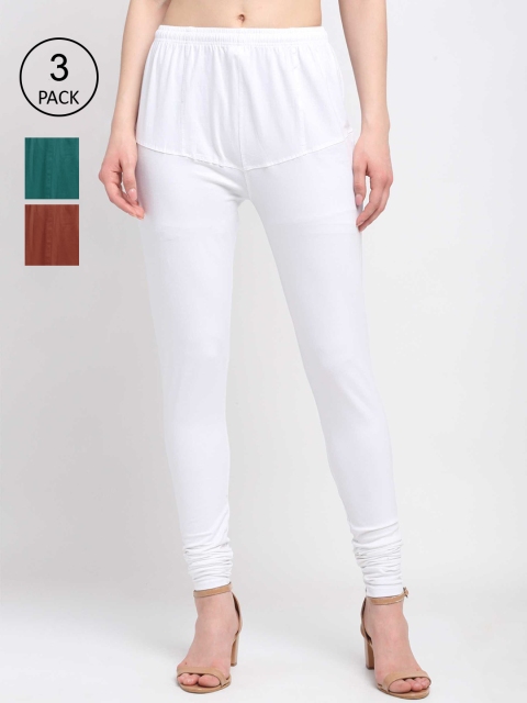 

KLOTTHE Women Pack Of 3 Solid Cotton Churidar-Length Leggings, White