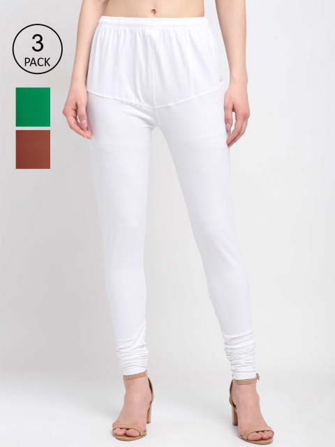 

KLOTTHE Women Pack Of 3 Solid Cotton Churidar-Length Leggings, White