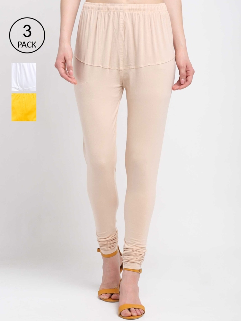 

KLOTTHE Women Pack Of 3 Solid Cotton Churidar-Length Leggings, White