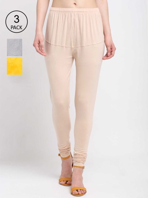 

KLOTTHE Women Pack Of 3 Solid Cotton Churidar-Length Leggings, Beige
