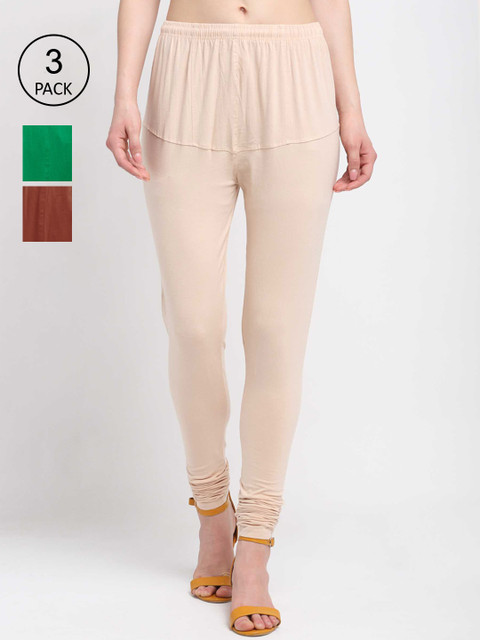 

KLOTTHE Women Pack Of 3 Solid Cotton Churidar-Length Leggings, Brown