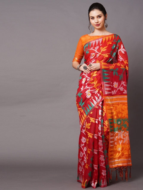 

Mitera Red & Orange Ethnic Motifs Silk Cotton Banarasi Saree
