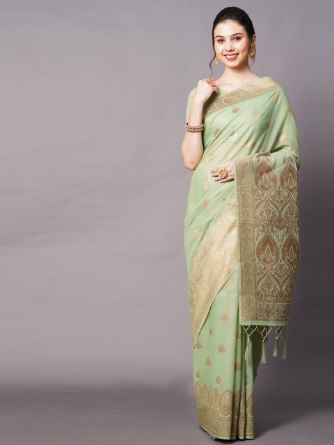 

Mitera Green & Gold-Toned Woven Design Silk Cotton Banarasi Saree