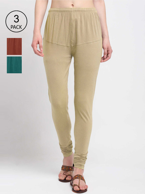 

KLOTTHE Women Pack Of 3 Solid Cotton Churidar-Length Leggings, Beige