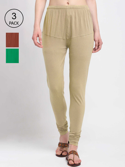 

KLOTTHE Women Pack Of 3 Solid Cotton Churidar-Length Leggings, Green