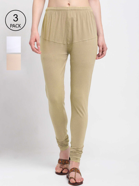 

KLOTTHE Women Pack Of 3 Solid Cotton Churidar-Length Leggings, Beige