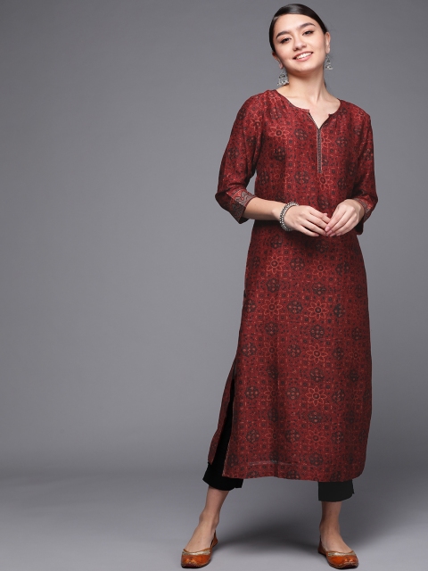 

Fabindia Women Maroon & Black Ethnic Motifs Printed Straight Kurta