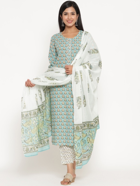 

ANAISA Women Sea Green Ethnic Motifs Printed Cotton Kurta with Trousers & Dupatta