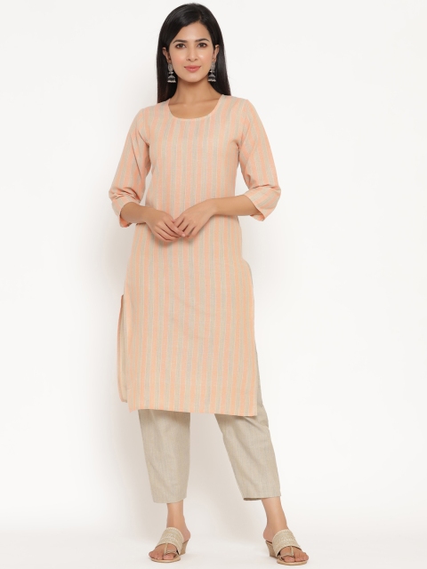 

ANAISA Women Orange & Grey Striped Regular Pure Cotton Kurta with Trousers